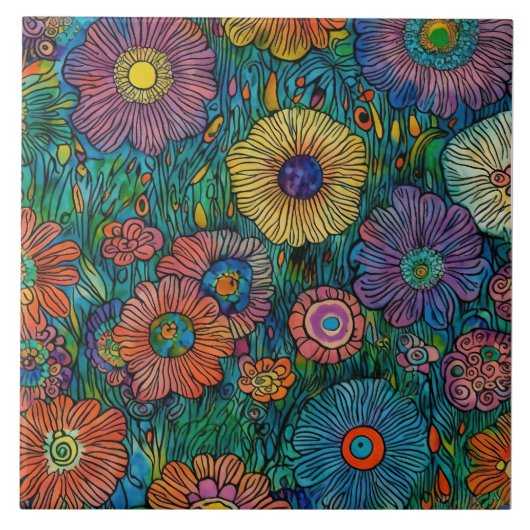 Kleurrijke Retro bloementuin Tegeltje (Voorkant)