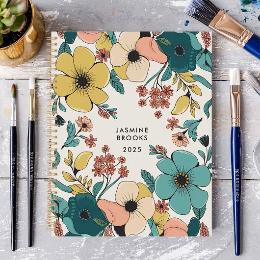 Kleurrijke Retro Bloemige Aangepaste Naam Planner