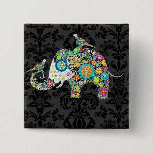 Kleurrijke Retro Bloemige Olifant & Vogels Vierkante Button 5,1 Cm