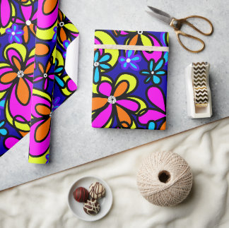 Kleurrijke Retro Bloemige Tiener Verjaardag Geïllu Cadeaupapier