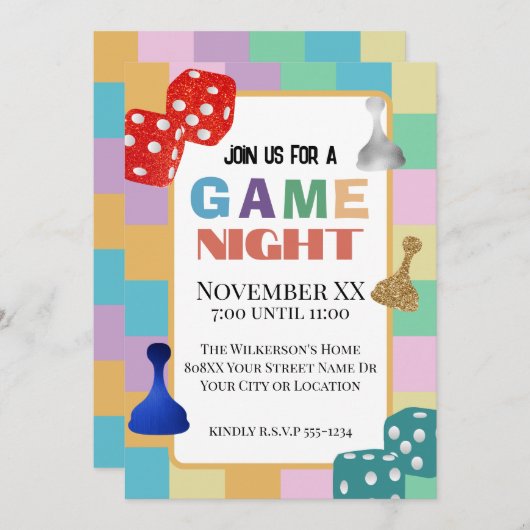 Kleurrijke Retro Board Game Night Kaart (Voorkant / Achterkant)