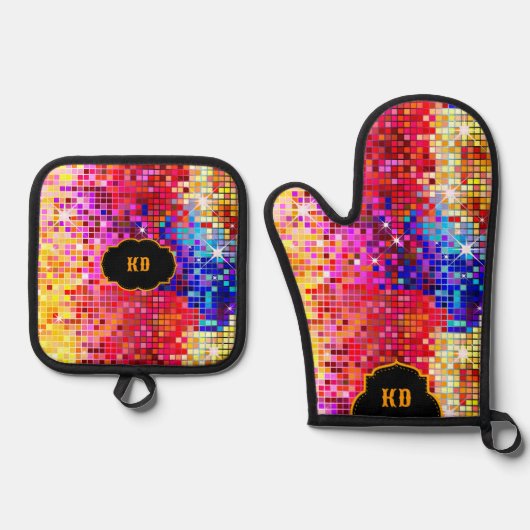 Kleurrijke Retro Disco Mirror Squares Patroon Ovenwant & Pannenlap Set (Voorkant)