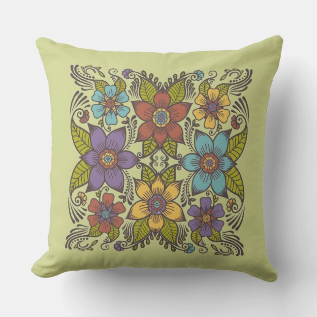 Kleurrijke Retro Floral Buitenkussen (Voorkant)