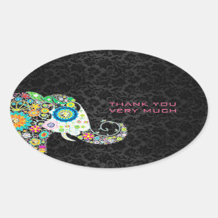Kleurrijke Retro Floral Elephant & Black Dammasker Ovale Sticker