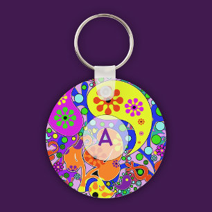 Kleurrijke Retro Floral Paisley Paarse Initiaal Sleutelhanger