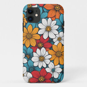 Kleurrijke Retro Flowers Blauw Rood Geel Sinaasapp iPhone 11 Hoesje