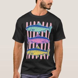 Kleurrijke Retro Fly Fishing Forel Vis T-shirt