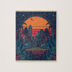 Kleurrijke Retro Futuristische Doodle Stijl Skylin Legpuzzel