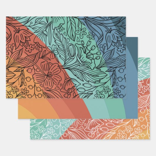 Kleurrijke Retro Groovy Regenboog Bloemen Inpakpapier Vel (Set)