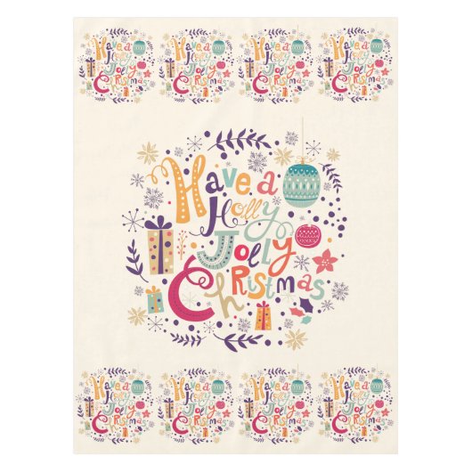 Kleurrijke Retro Holly Jolly Kerstmis Tekst Ontwer Tafelkleed (Voorkant)