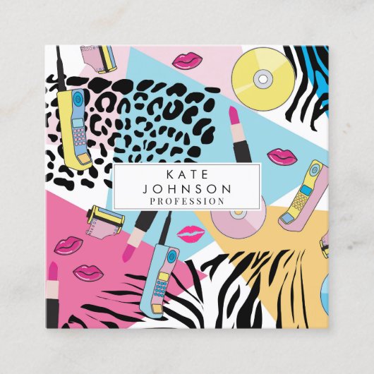 Kleurrijke Retro jaren negentig QR Code Social Med Vierkante Visitekaartje (Voorkant)