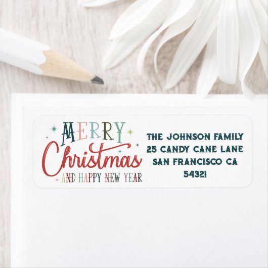 Kleurrijke Retro Merry Christmas Typografie Etiket (Insitu)