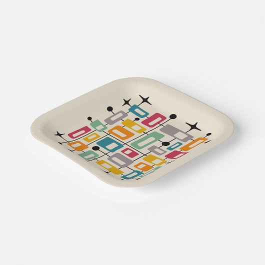 Kleurrijke Retro Mid Century Modern Atomic Abstrac Papieren Bordje (Gebogen)