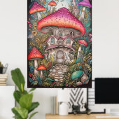 Kleurrijke retro psychedelische paddestoel illustr poster (Thuiskantoor)