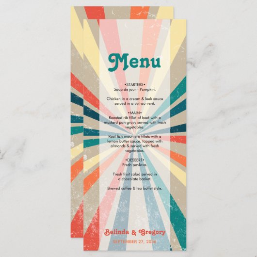 Kleurrijke Retro Rainbow Sunburst Weddenschap Menu (Voorkant / Achterkant)
