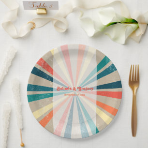 Kleurrijke Retro Rainbow Sunburst Weddenschap Papieren Bordje