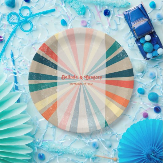 Kleurrijke Retro Rainbow Sunburst Weddenschap Papieren Bordje (Feest)