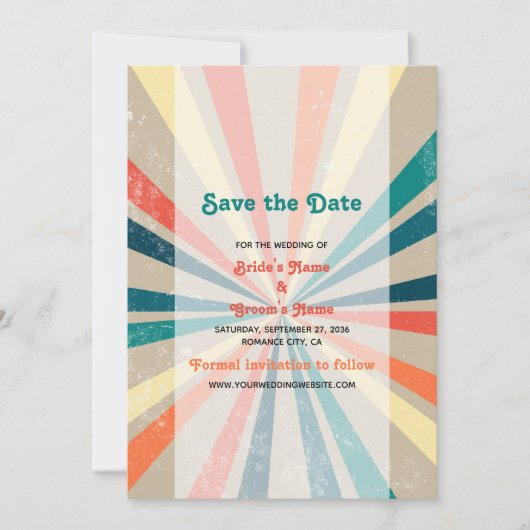 Kleurrijke Retro Rainbow Sunburst Weddenschap Save The Date (Voorkant)