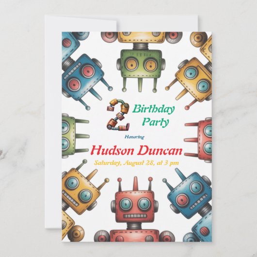 Kleurrijke Retro Robots Jongen Verjaardagsfeest Kaart (Voorkant)