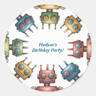 Kleurrijke Retro Robots Jongens Verjaardagsfeestje Ronde Sticker