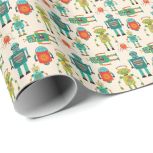 Kleurrijke Retro Robots Patroon Cadeaupapier