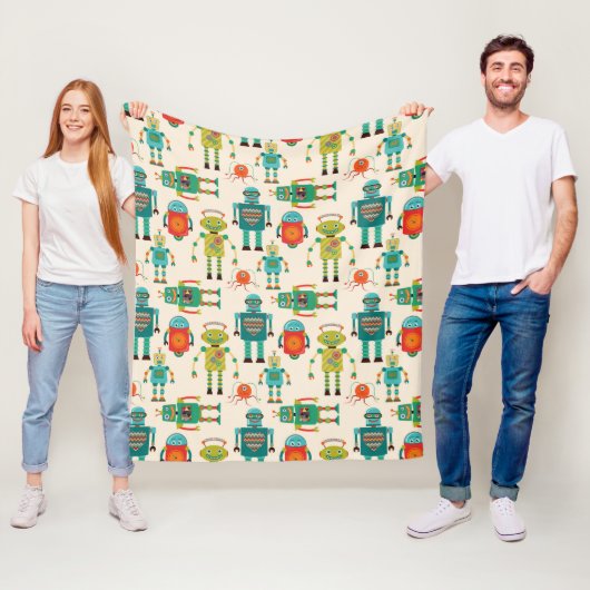Kleurrijke Retro Robots Patroon Fleece Deken (In situ)