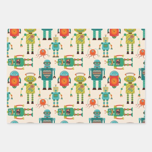 Kleurrijke Retro Robots Patroon Inpakpapier Vel (Voorkant 3)