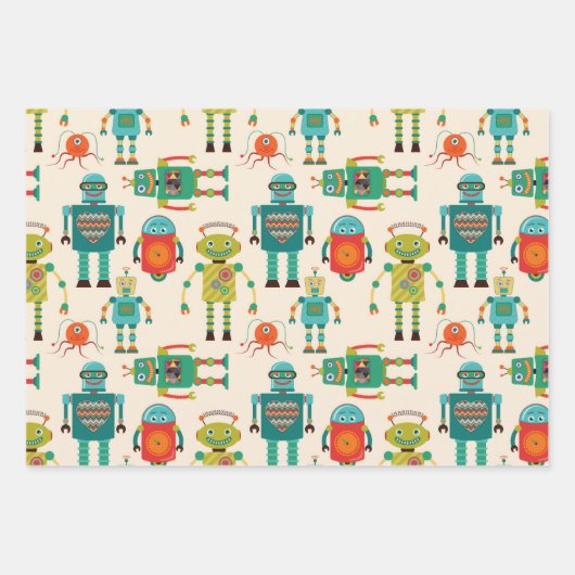 Kleurrijke Retro Robots Patroon Inpakpapier Vel (Voorkant 2)