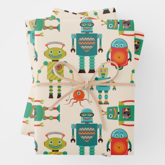 Kleurrijke Retro Robots Patroon Inpakpapier Vel (In situ)