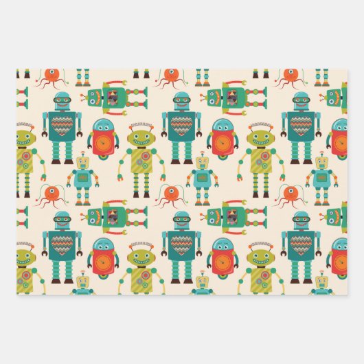 Kleurrijke Retro Robots Patroon Inpakpapier Vel (Voorkant)