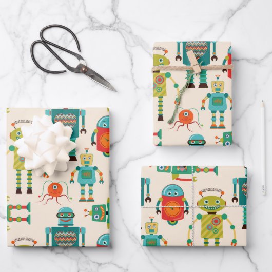 Kleurrijke Retro Robots Patroon Inpakpapier Vel (Voorkant)