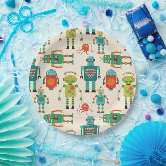 Kleurrijke Retro Robots Patroon Papieren Bordje (Feest)