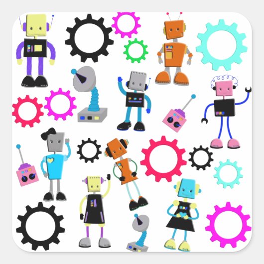 Kleurrijke retro robots vierkante sticker (Voorkant)