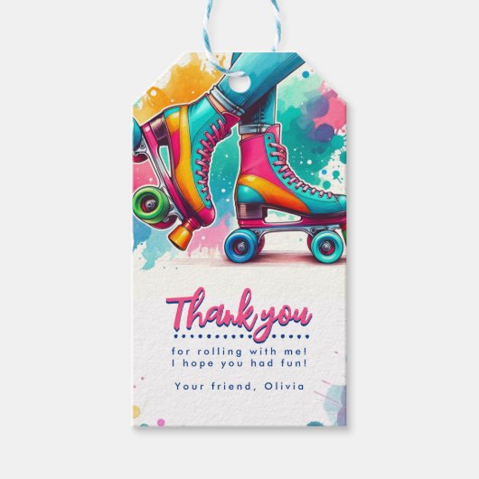 Kleurrijke Retro Roller Schaats Verjaardag Dank u Cadeaulabel (Voorkant)