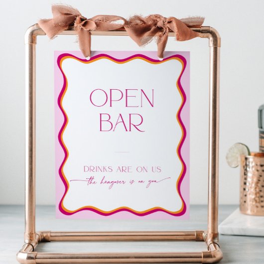 Kleurrijke Retro Roze Sinaasappel Wavy Rand Open B Reclamebord Met Voetstuk