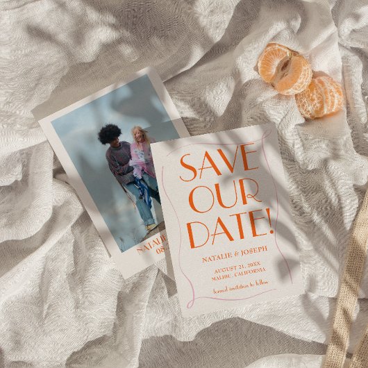 Kleurrijke Retro Schattigee Heldere  Fotobruiloft Save The Date