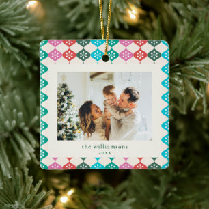 Kleurrijke Retro Sneeuwvlok Familie Foto Kerstmis Keramisch Ornament