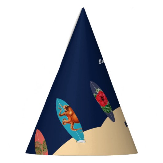 Kleurrijke retro surfplanken surft omhoog verjaard feesthoedjes (Links)