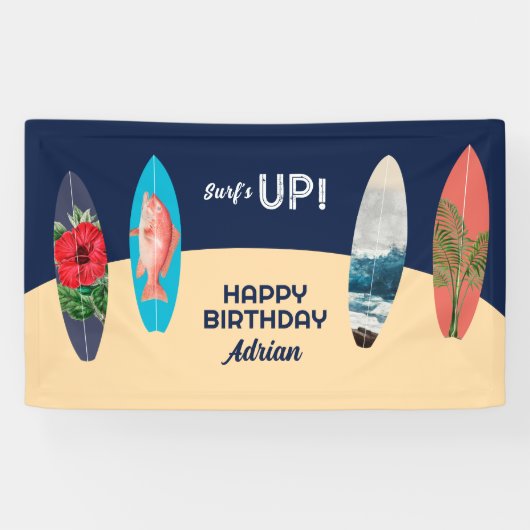 Kleurrijke retro surfplanken surft omhoog verjaard spandoek (Horizontaal)