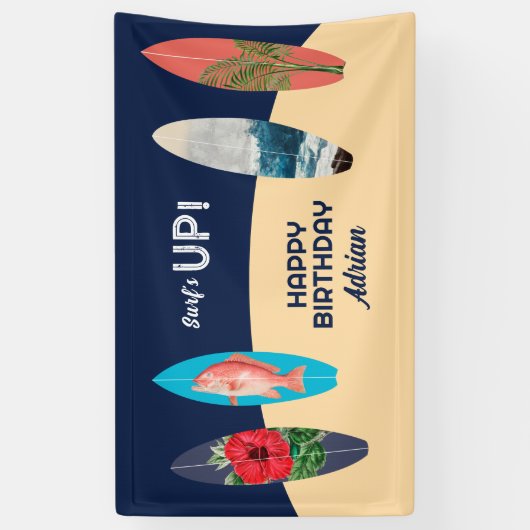 Kleurrijke retro surfplanken surft omhoog verjaard spandoek (Verticaal)