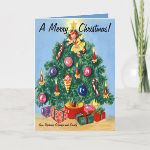 Kleurrijke Retro Tree Gepersonaliseerde Kerst Kaar Feestdagen Kaart