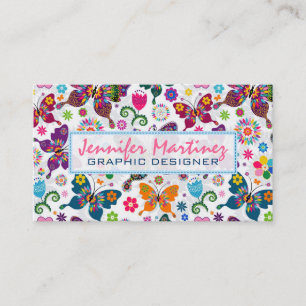 Kleurrijke Retro Vlinders & Bloemen Patroon 2 Visitekaartje