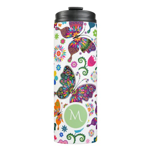 Kleurrijke Retro Vlinders & Bloemen Thermosbeker (Voorkant)