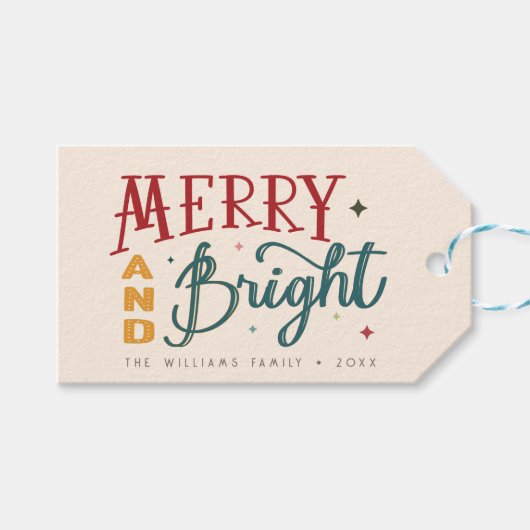 Kleurrijke Retro Vrolijk en Helder Kerstmis Cadeaulabel (Voorkant (Horizontaal))