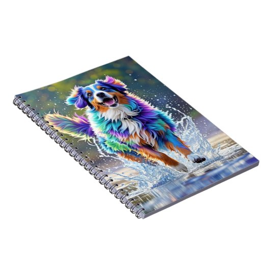 Kleurrijke reus blij speelse grappige hond, splash notitieboek (Rechterzijde)