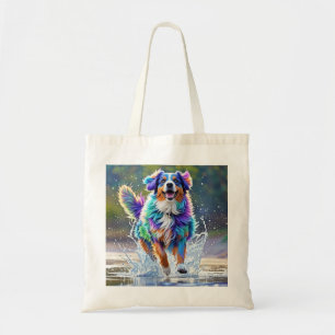 Kleurrijke reus blij speelse grappige hond, splash tote bag