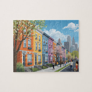 Kleurrijke Rijtjeshuizen Stadstraat Lente Wandel Legpuzzel