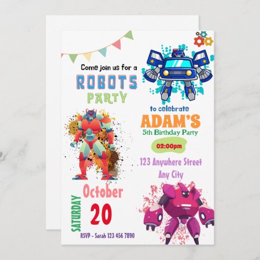 Kleurrijke Robot verjaardagsuitnodigingen Kaart (Voorkant / Achterkant)