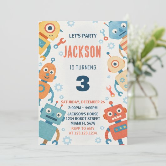 Kleurrijke Robots Kids Verjaardag Uitnodiging (Staand voorkant)
