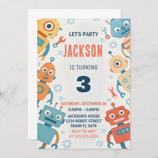 Kleurrijke Robots Kids Verjaardag Uitnodiging (Voorkant / Achterkant)